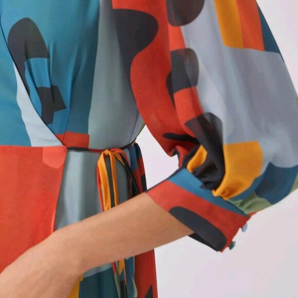 EUC ANTHROPOLOGIE Geo Wrap Maxi Dress Blue Motif Size 1X - Picture 5 of 13